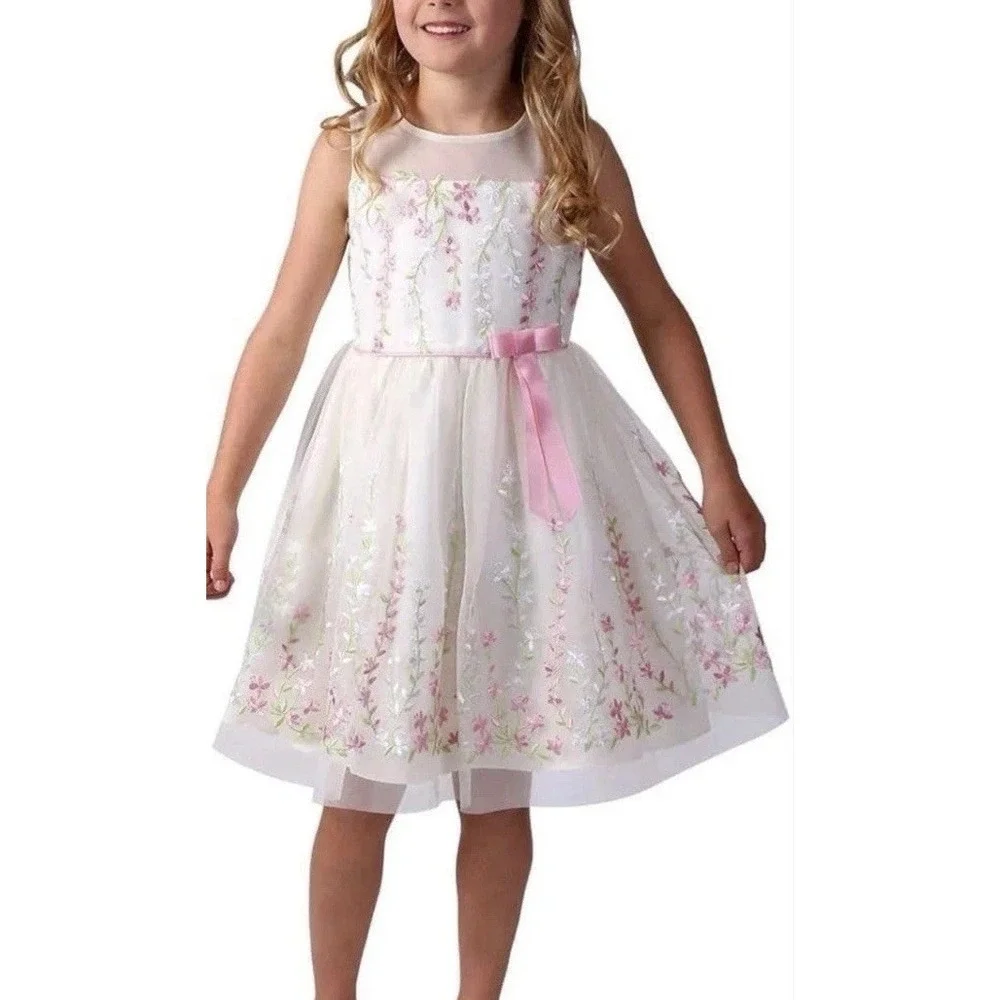 NWT Jona Michelle Girls Ivory Formal Party ‎ Dress Sheer Floral Overlay Bow Sz 7